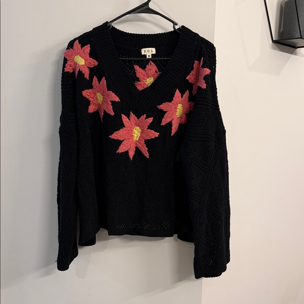 Pol Black Sweater With Red Floral V-Neck